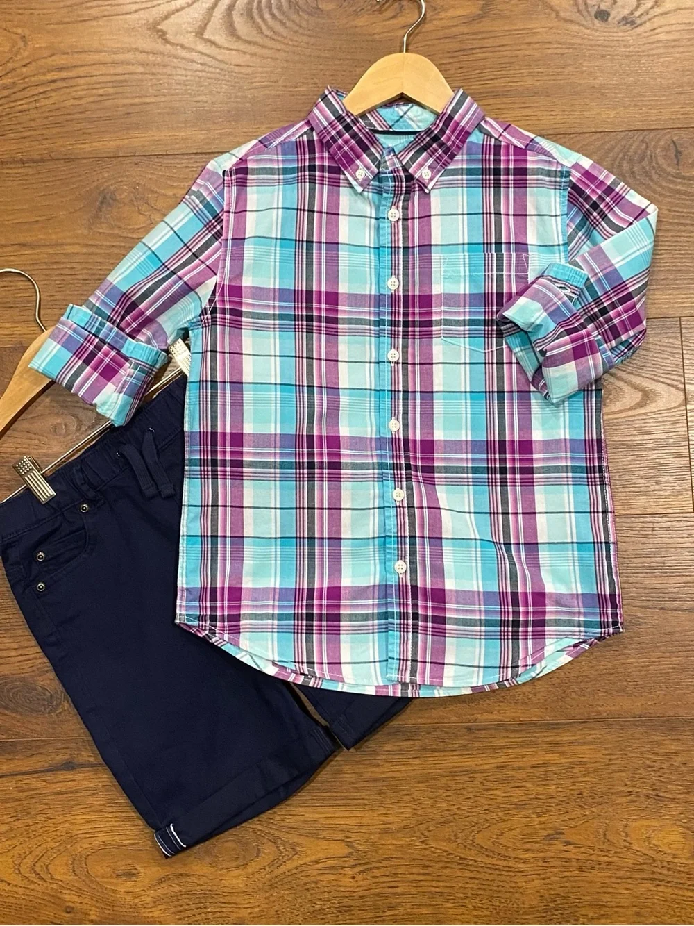 Gymboree Boys ‘Family Brunch’ Magenta and Turquoise Plaid Shirt Size M (7-8)